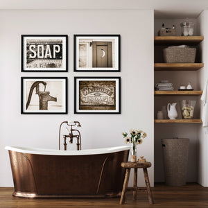 Lisa Russo Fine Art Bathroom & Laundry Room Sepia Tone Bathroom Decor Print Set with Pitcher Pump, Soap, Outhouse and Moon - Set of 4