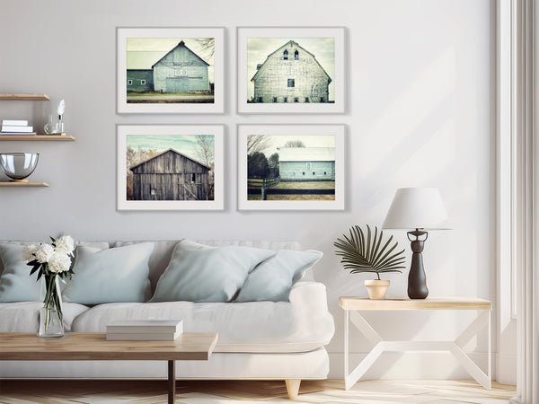 Lisa Russo Fine Art Farmhouse Decor Shabby Chic Style Aqua Blue Barn Landscape Prints - Set of 4 - Farmhouse Home Decor