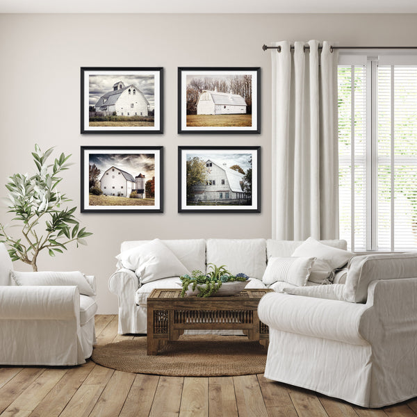 Lisa Russo Fine Art Farmhouse Decor White and Grey Barn Landscapes Wall Decor - Neutral Fall Landscape Photos - Set of 4