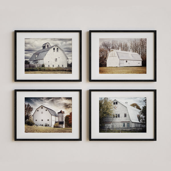 Lisa Russo Fine Art Farmhouse Decor White and Grey Barn Landscapes Wall Decor - Neutral Fall Landscape Photos - Set of 4