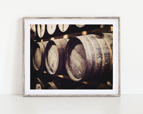 Lisa Russo Fine Art Rustic Home Decor Vintage Scotch Whiskey Barrels Casks Art Print for Rustic Home Bar Decor - Gifts for Men - Pitlochry, Scotland