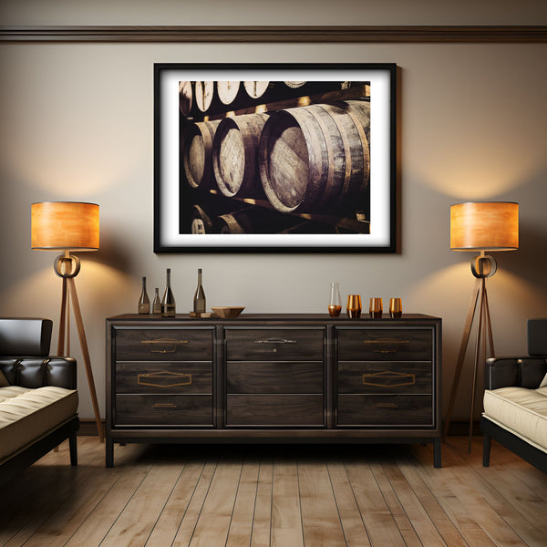 Lisa Russo Fine Art Rustic Home Decor Vintage Scotch Whiskey Barrels Casks Art Print for Rustic Home Bar Decor - Gifts for Men - Pitlochry, Scotland