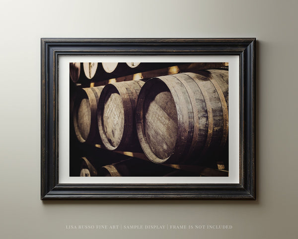 Lisa Russo Fine Art Rustic Home Decor Vintage Scotch Whiskey Barrels Casks Art Print for Rustic Home Bar Decor - Gifts for Men - Pitlochry, Scotland