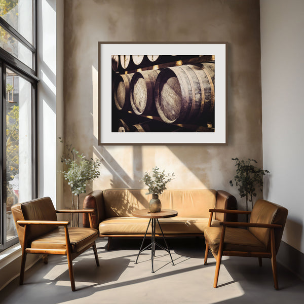 Lisa Russo Fine Art Rustic Home Decor Vintage Scotch Whiskey Barrels Casks Art Print for Rustic Home Bar Decor - Gifts for Men - Pitlochry, Scotland